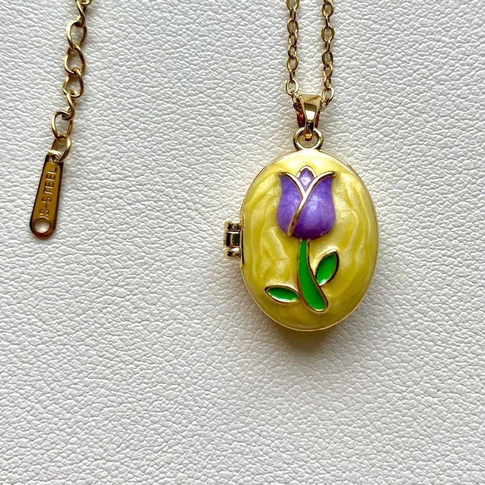 Gold Pendant Necklace with Purple tulips